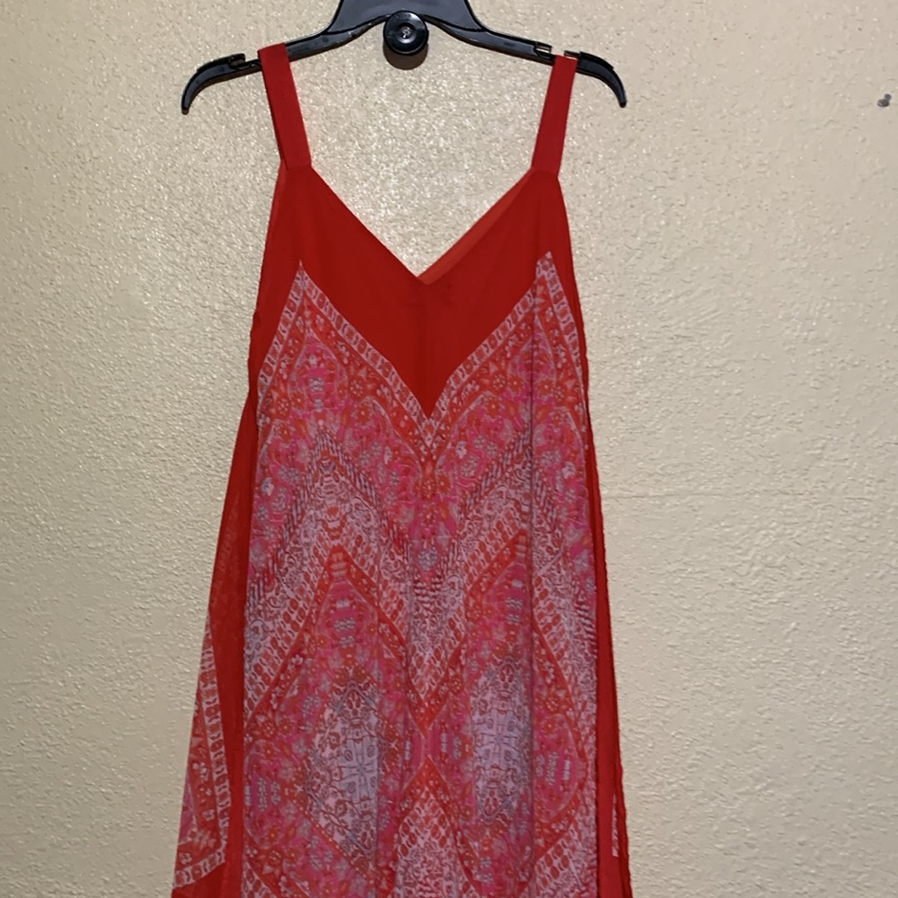 My Michelle Summer Dress XL Red Cream Floral Sleeveless Handkerchief Hem Lining - Picture 3 of 16